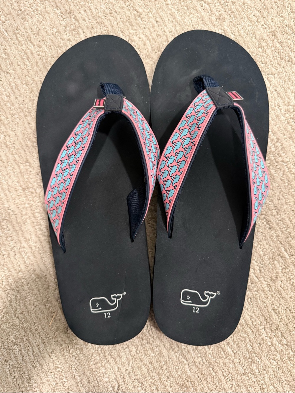 Vineyard Vines Black Flip Flops with Pink and Light Blue Whale Straps
